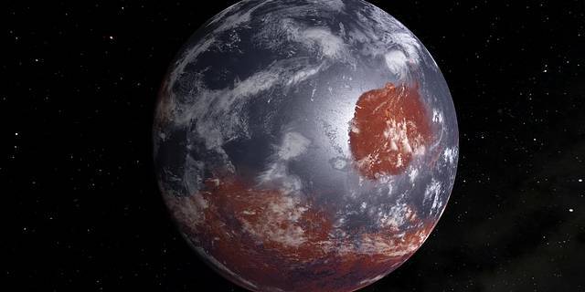 This is an artist's model of an early Mars - billions of years ago - which may have had oceans and a thicker atmosphere. It was created by filling Mars' lower altitudes with water and adding cloud cover.