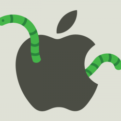 the standard apple logo in silver, with a cartoonish green worm poking through it on each side