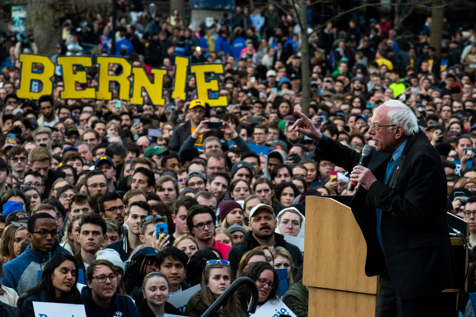 Bernie Sanders speaking during a rally in Ann Arbor, Michigan.