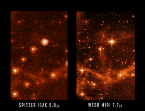 Image Comparison: "Old" Spitzer and New Webb Space Telescopes (May 2022)[7]