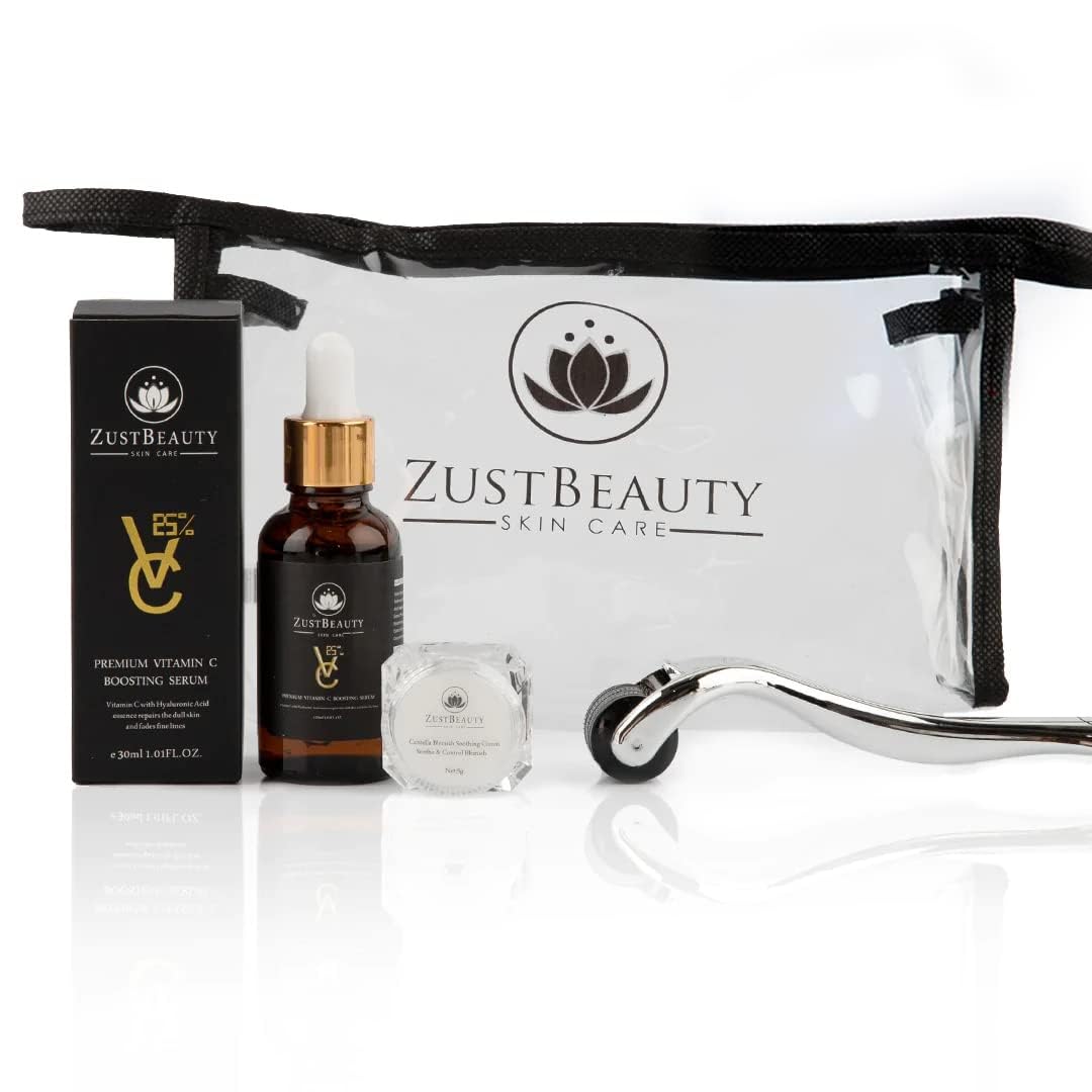 ZustBeauty 3 Pack Derma Roller Kit - Derma Roller with Titanium 540 Tips - 25% Vitamin C Serum (1 oz) - Skin Care Cream (0.18 oz) - for Women and Men