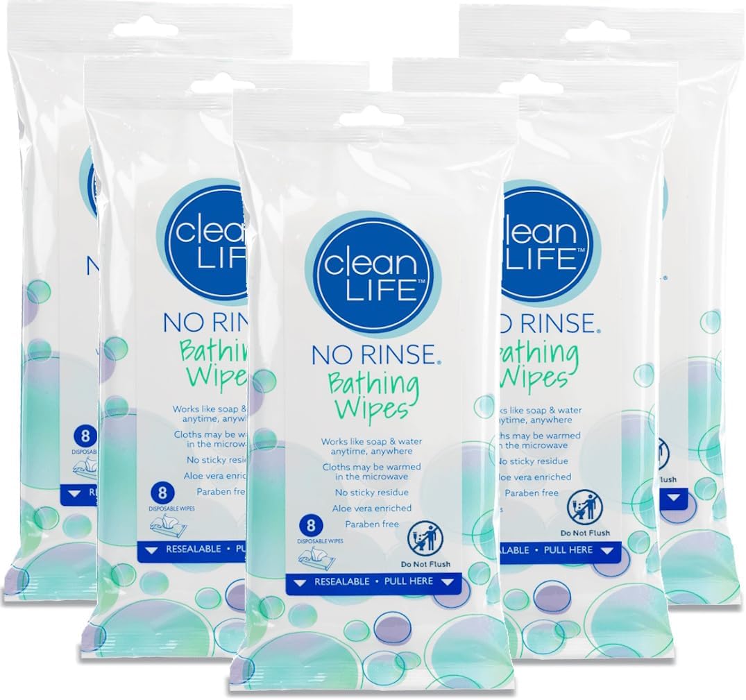 Cleanlife Products No-Rinse Bathing Wipes (5 Pack) - Disposable Body Cleansing Shower Cloths for Men, Women, Elderly, Camping, Gym, Hospital - Personal Care for Travel, Bedridden, Dementia (8 Wipes)