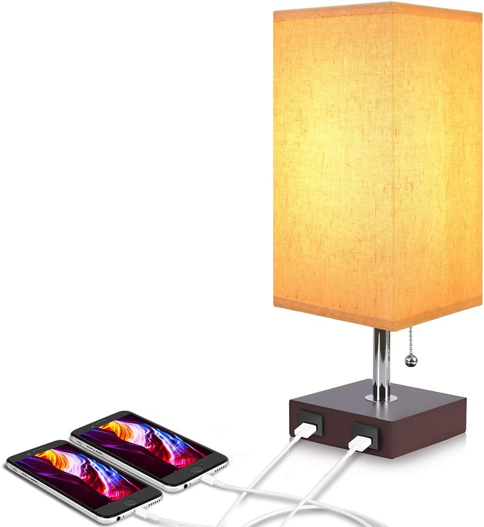 aooshine Bedside Table Lamp USB, Modern Desk Lamp, Solid Wood Nightstand Lamp with Unique Shade and Havana Brown Wood Base, Ambient Light and 2 Useful USB Charging Port Perfect for Bedroom or Office