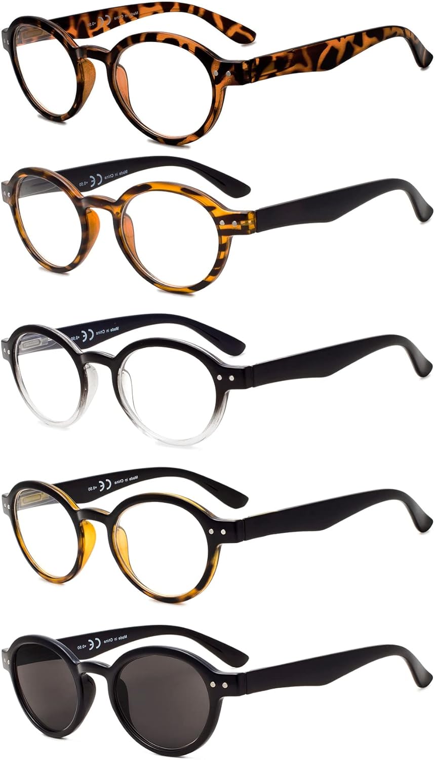 Eyekepper 5-Pack Spring Hinges Round Retro Reading Glasses Inc Sunshine Readers +1.75