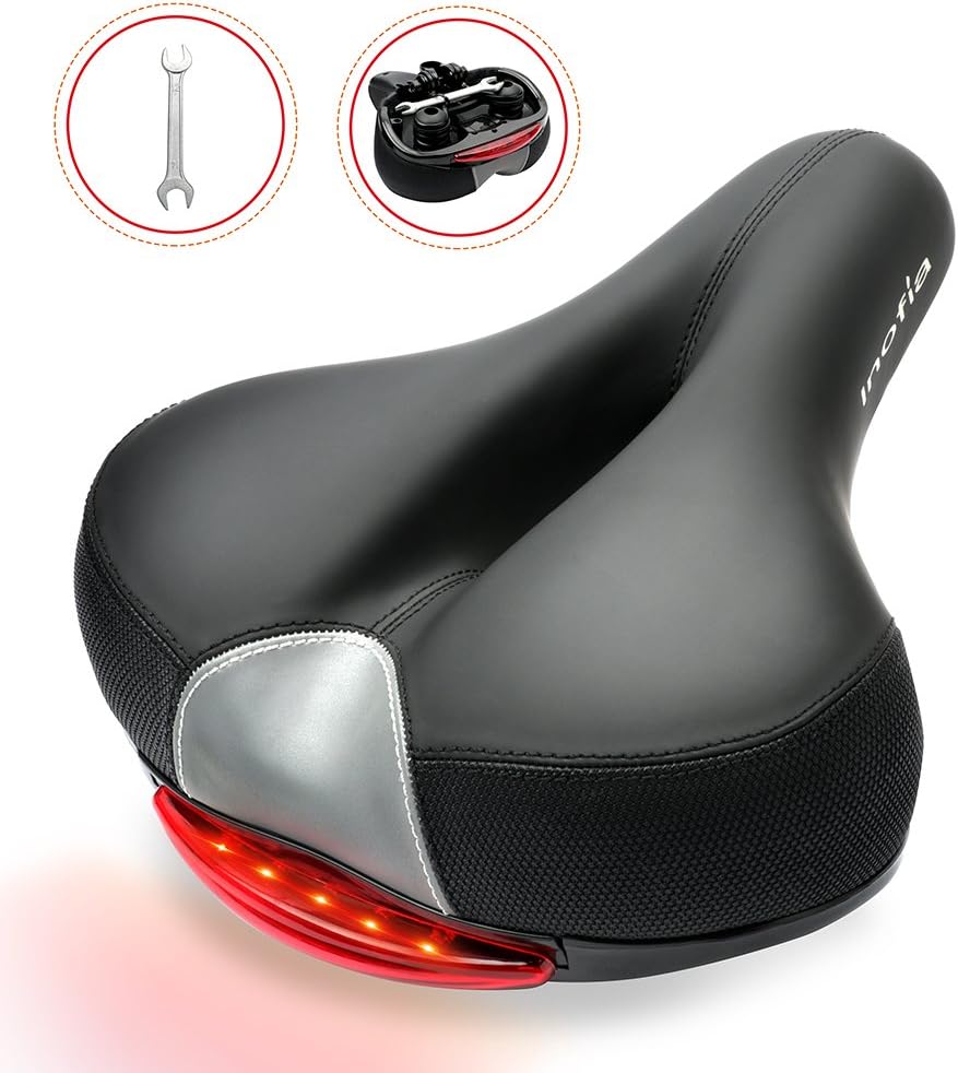 Inofia Bike Seat, Comfort Bicycle Saddle, Gel Memory Foam, Dual Shock Absorbing Ball, LED Taillight, Waterproof Artificial Leather with Wrench and Clamp