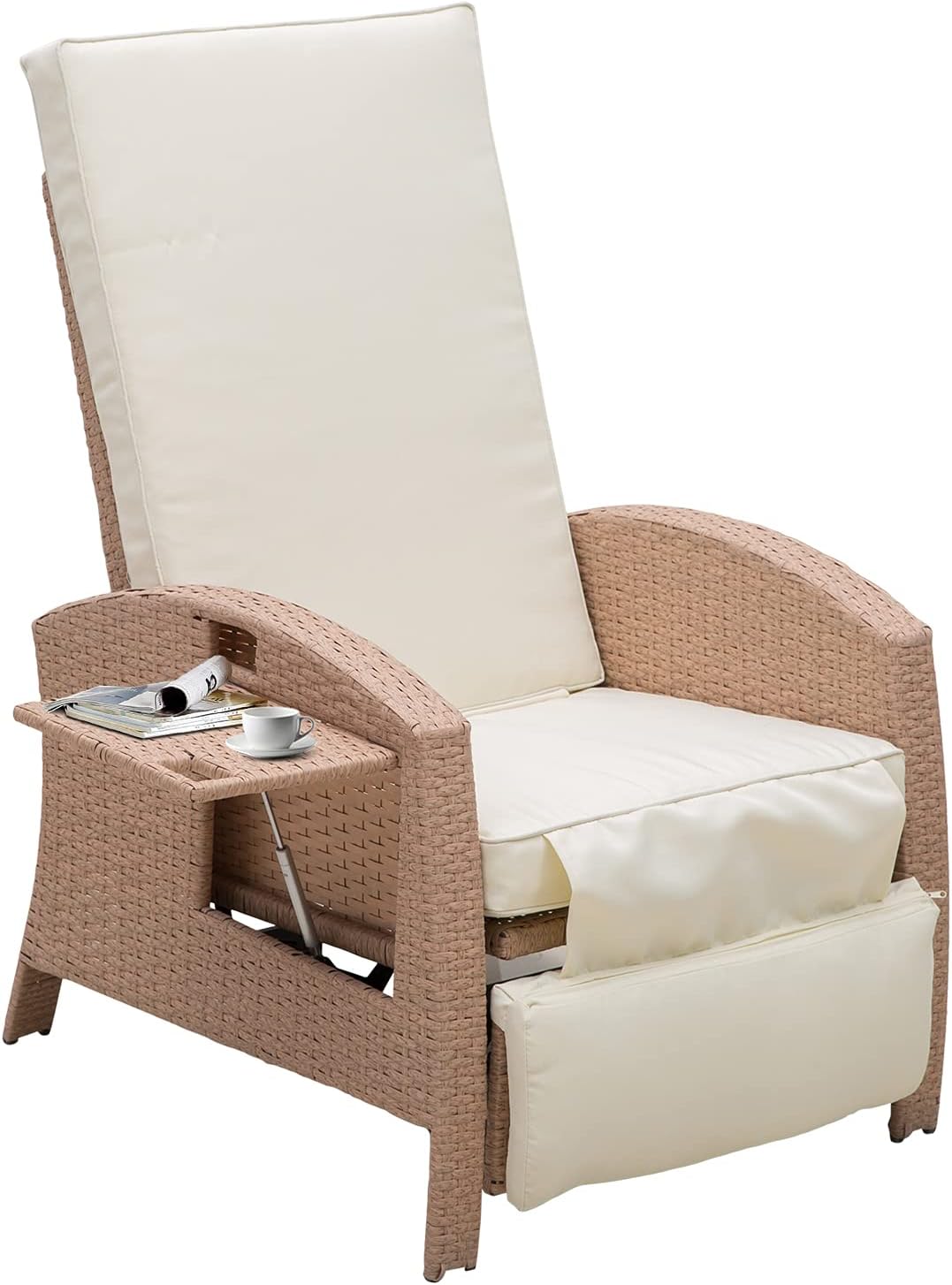 Outsunny Patio Recliner, Outdoor Reclining Chair with Flip-Up Side Table, All-Weather Wicker Metal Frame Chaise with Footrest, Cushions, Beige