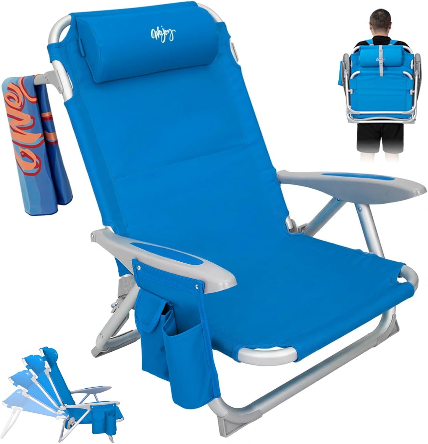 #WEJOY Beach Chair for Adults, Reclining Adjustable Position, Lay Flat Lightweight Folding Portable Aluminum Chair with Backpack Straps,Padded headrest, Heavy Duty 400 lbs Lawn Chair for Beach, Sand