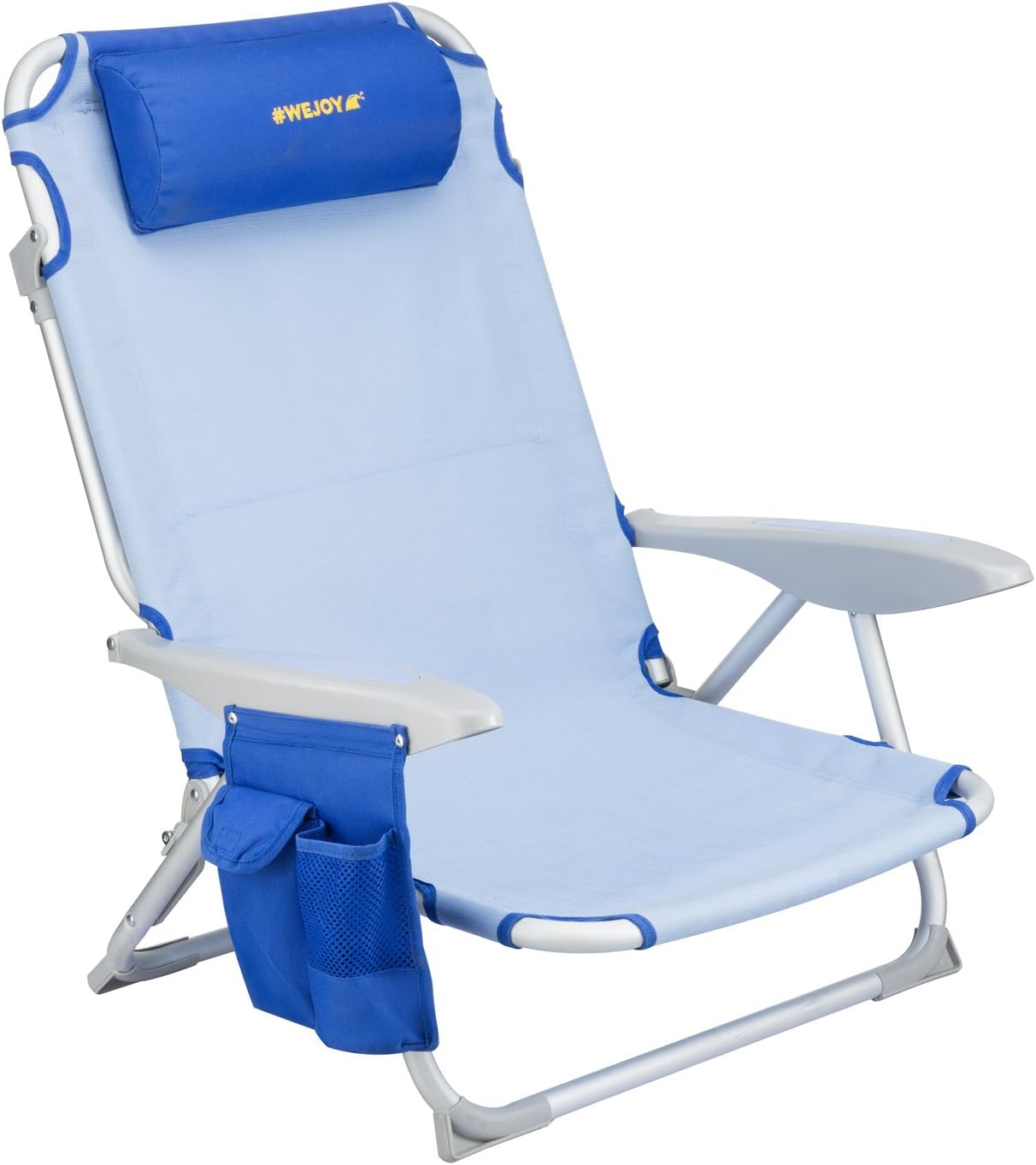 #WEJOY Aluminum Lightweight Portable 4 Position Lay Flat Folding Camping Beach Chair with Shoulder Strap Cup Holder Pocket Armrest and Headrest, Great for Outdoor Lawn Concert, Blue