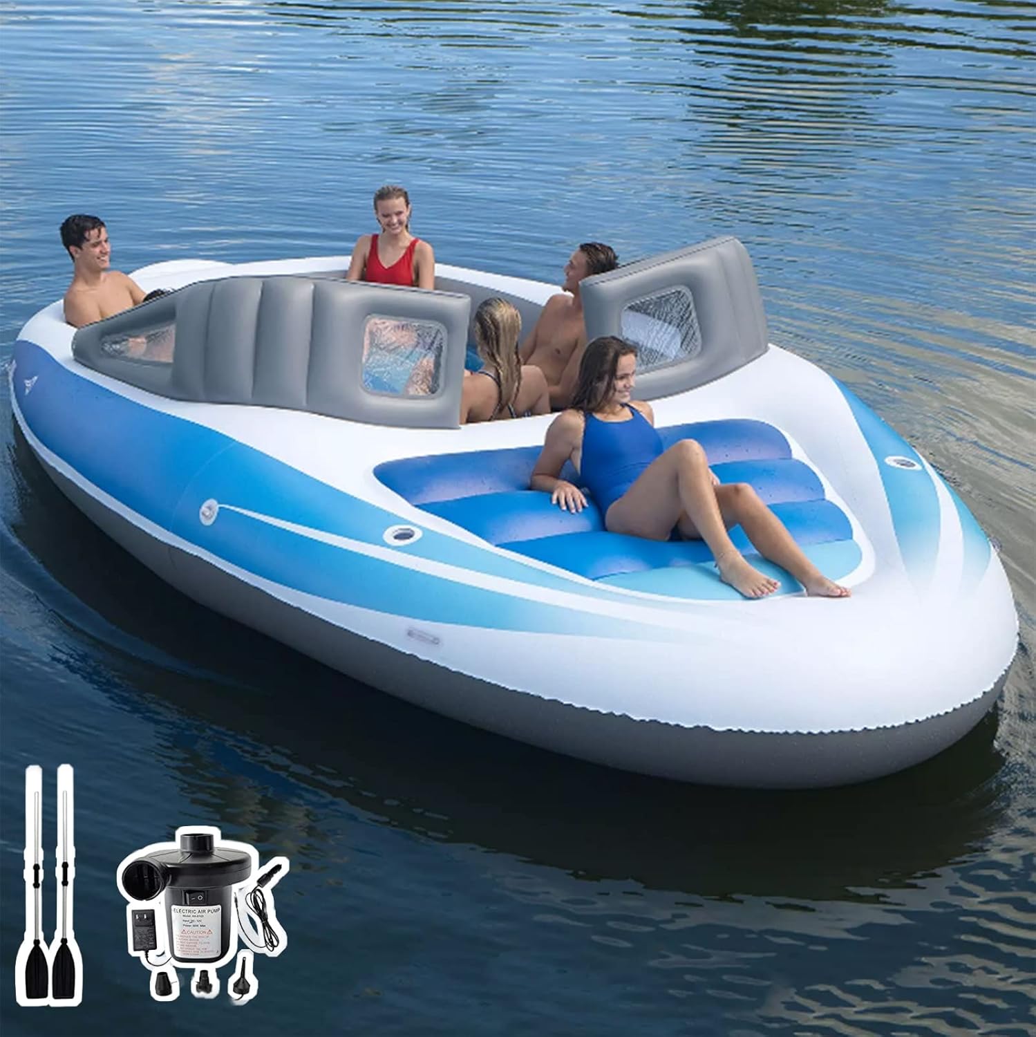 Inflatable Floating Island, 6 Person Floating Island Pool Lake Raft Lounge, Sunbathing Pool Float for Pool, Beach, Lake, River, Includes Air Pump, Extendable Oars