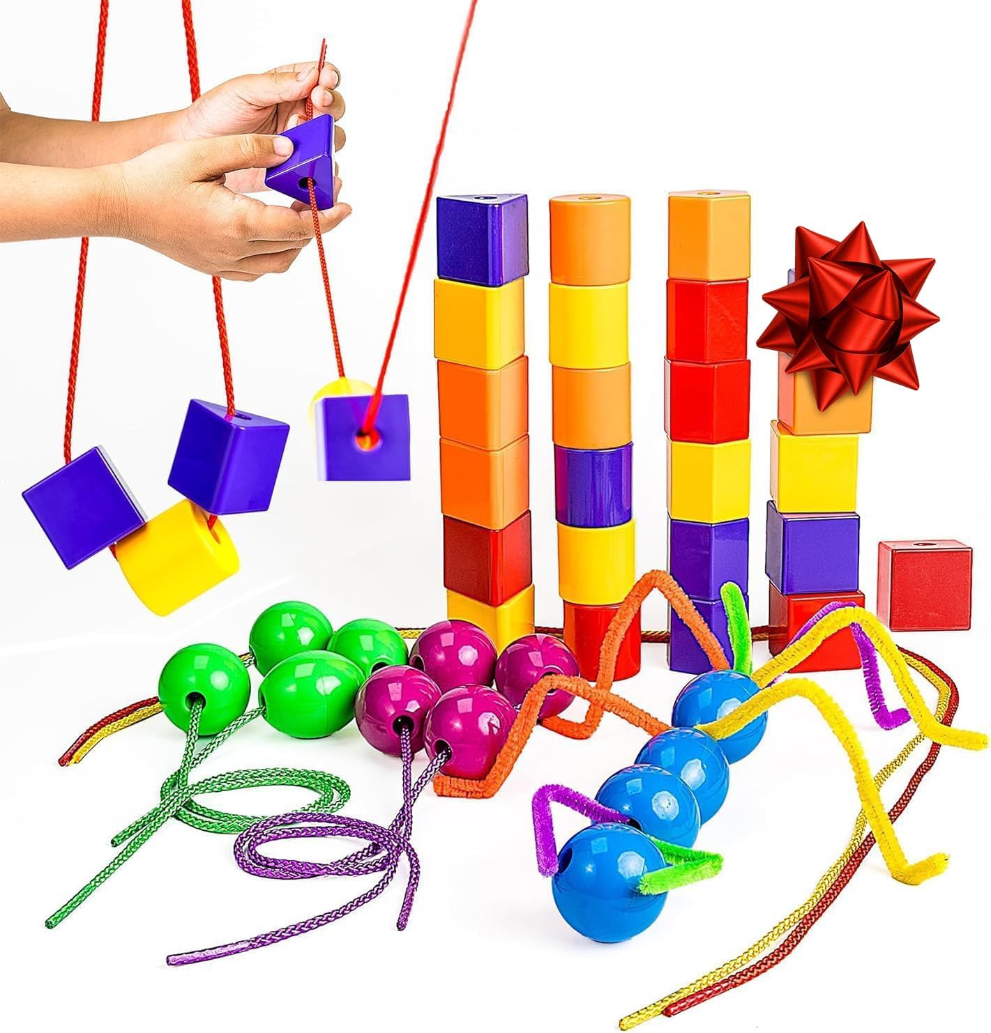 Skoolzy 46 Pcs Lacing Beads - Large Beads for Preschool Learning Activities, Sensory Toys for Toddlers 3-4, Autism Toys for Toddlers 3-4, Ideal for Cognitive and Motor Skills Development