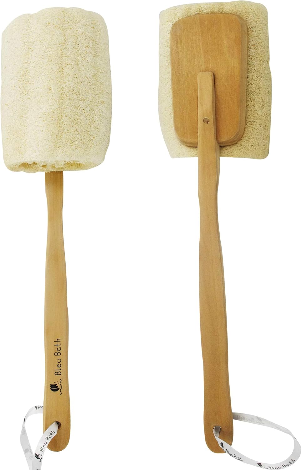 (2 Pack) Exfoliating Loofah Back Brush Dry Body Brush in 100% Natural and Organic Luffa with Long Wooden Handle Fixed, Scrubber Brush for Men and Women or Even Sensitive Skin