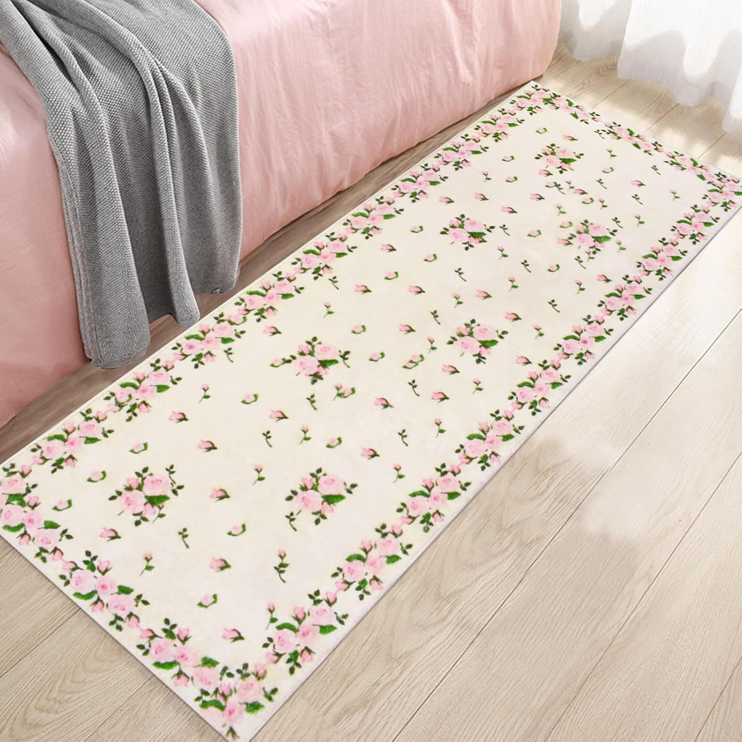 USTIDE Vintage Rose Buds Runner, Pink Rose Carpet for Hallway Bedside, Rustic Long Thick Wool Carpet, Machine Washable with Non-Slip Back (23.6X70.8Inches)