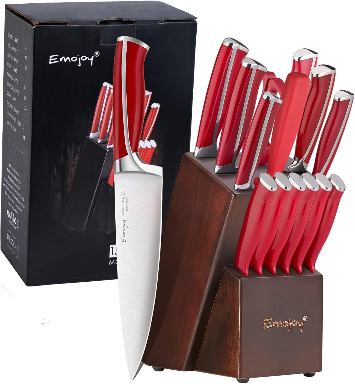 Emojoy 15-Piece Kitchen Knife Set with Wooden Block, German Stainless Steel Sharp Chef Knife Set, Dishwasher Safe and Rust Proof (Red)