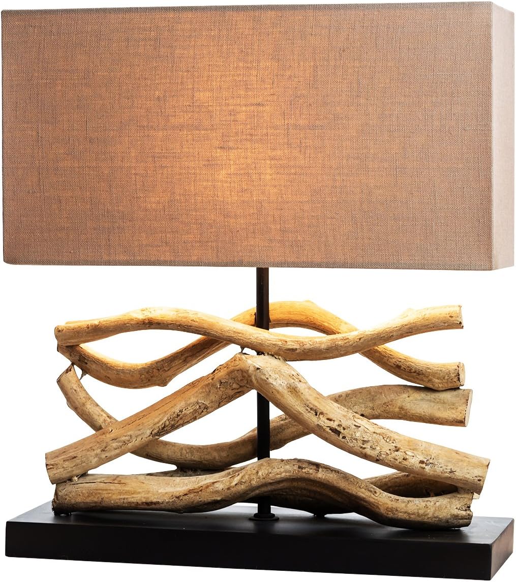 O’THENTIQUE Driftwood Vine Table Lamp | Natural Turned Twisted Wood Console Lamp | Rustic Earthy Handmade Natural Finished | Beige Linen Shade Perfect for Beach House, Cabin, Living Room Decor