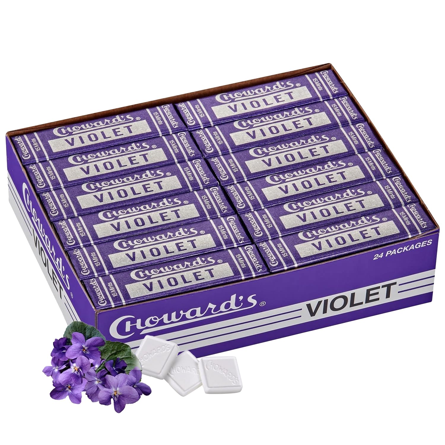Choward's Violet Mints Candy | Bold Aromatic Flavor | Perfect for Snacks in Lunchboxes, Travel, Sharing, and Gifting | Nostalgic Vintage Candy | Pack of 24 (15 Mints Per Package, 24 Packages Per Box)
