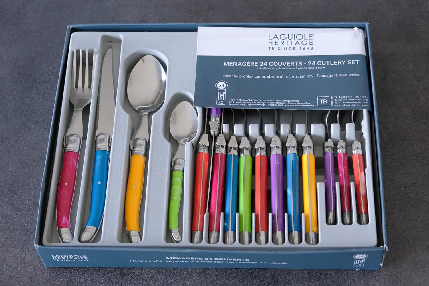 Laguiole Heritage Dinnerware Set; Luxury French Flatware in Premium Stainless Steel with Ergonomic ABS Handles; Features 6 Steak Knives, Forks, Tea/Coffee & Dessert Spoons, Multicolor, 24-Piece