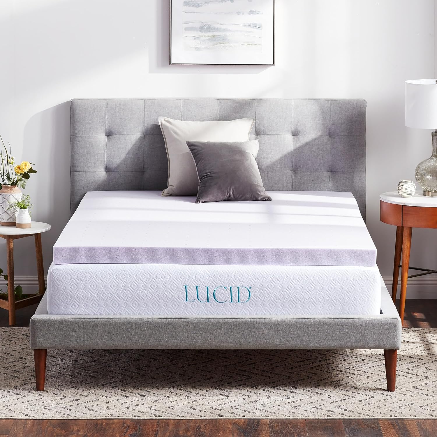 Lucid 3 Inch Lavender Memory Foam Mattress Topper, Queen Size – Essential Oil Infusion – Deep Plush Feel, Pressure-Relieving Bed Topper – Ventilated and Breathable – CertiPur Certified
