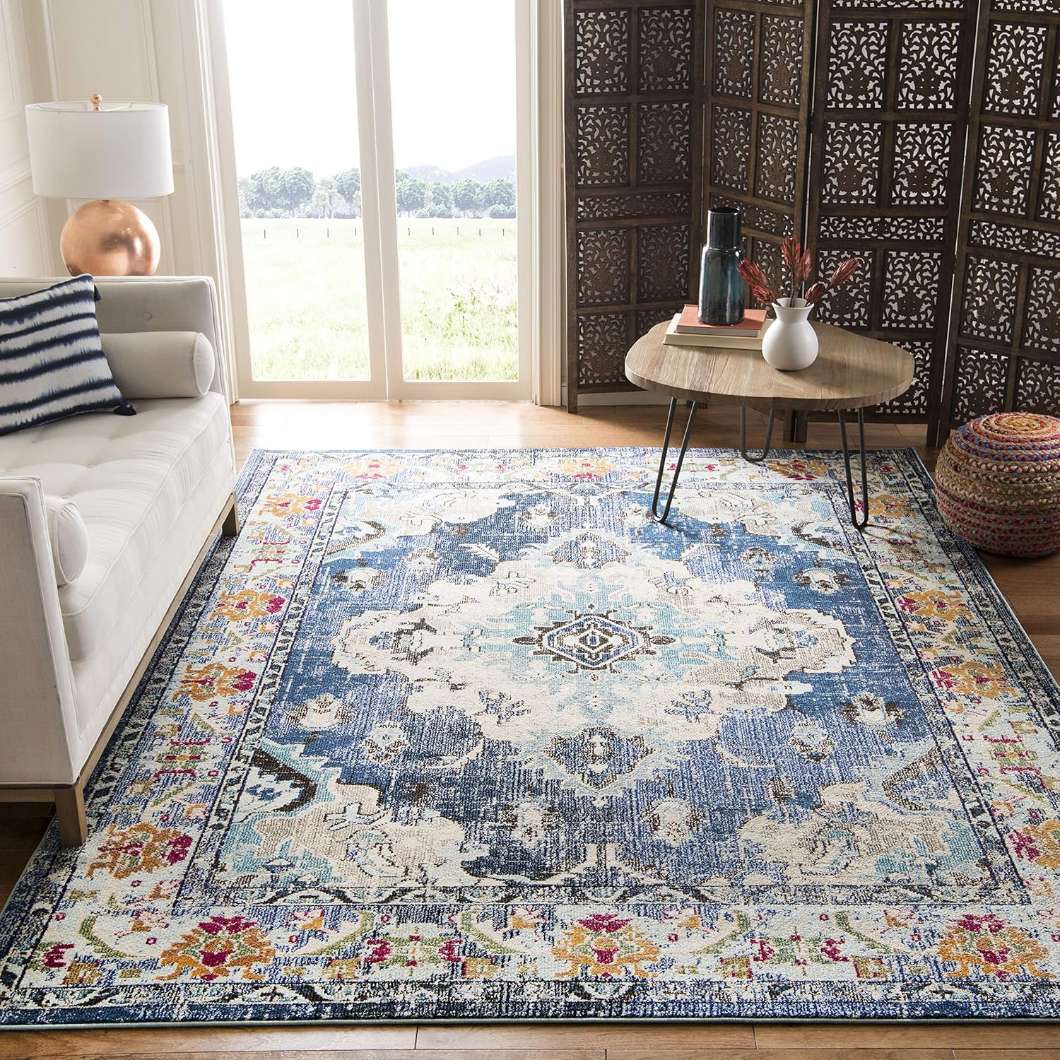 SAFAVIEH Monaco Collection Area Rug - 8' x 10', Navy & Light Blue, Boho Chic Medallion Distressed Design, Non-Shedding & Easy Care, Ideal for High Traffic Areas in Living Room, Bedroom (MNC243N)